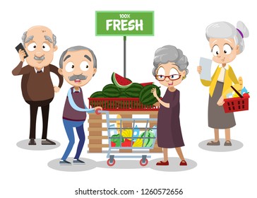 Cartoon aged people doing shopping at supermarket vector illustration. Man with trolley full of products and woman choosing fresh watermelon. Senior speaking on smartphone and grandma with shoplist