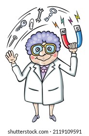 Cartoon aged teacher or scientist showing action of big horseshoe magnet