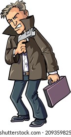 Cartoon agent with gun and suitcase. Isolated on white