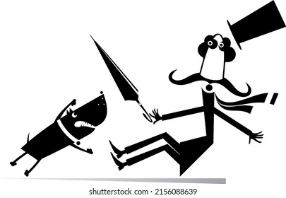 Cartoon aggressive dog and frightened man illustration. 
Mustache man in the top hat tries to protect himself from aggressive dog by umbrella black on white background
