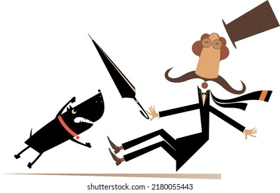 Cartoon aggressive dog and frightened man illustration. Mustache man in the top hat tries to protect himself from aggressive dog by umbrella. Isolated on white background