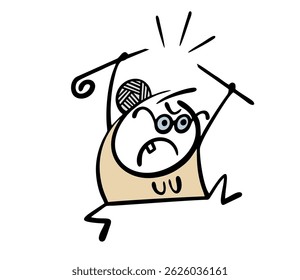 Cartoon aggressive old woman broke her cane in anger. Vector illustration of a grandmother yelling at neighbors, a disgruntled stickman, life-threatening.