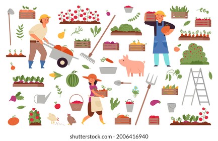 Cartoon agricultural and harvesting. Farmer crops, rustic agriculture family. People working on field, isolated farm harvest tools decent vector set