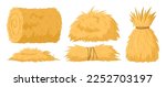 Cartoon agricultural haycocks. Bale of hay, rural haystack, rolled stack and fodder straw, dried farm haystacks flat vector illustration set on white background