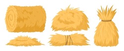 Cartoon Agricultural Haycocks. Bale Of Hay, Rural Haystack, Rolled Stack And Fodder Straw, Dried Farm Haystacks Flat Vector Illustration Set On White Background