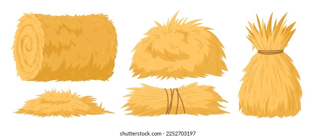 Cartoon agricultural haycocks. Bale of hay, rural haystack, rolled stack and fodder straw, dried farm haystacks flat vector illustration set on white background