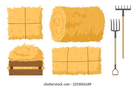 Cartoon agricultural haycocks. Haystack and rakes and pitchfork, rural hay rolled stacks dried haystack, fodder straw flat symbols illustrations set