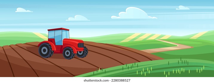 Cartoon agricultural machine working, farming in wheat yellow field on countryside hills, agriculture work of farmers in spring and summer season. Farm tractor in village landscape vector illustration