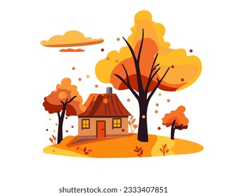 Cartoon agricultural rural autumn landscape with house, fallen leaves, vector illustration