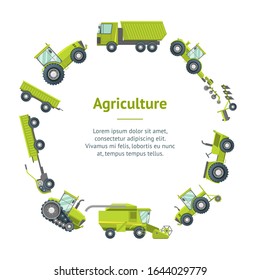 Cartoon Agricultural Vehicles Banner Card Circle Include of Tractor and Truck Flat Design Style. Vector illustration