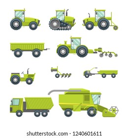 Cartoon Agricultural Vehicles Icon Set Different Type Include of Tractor and Truck Flat Design Style. Vector illustration of Icons