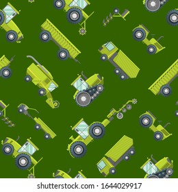 Cartoon Agricultural Vehicles Seamless Pattern Background Include of Tractor and Truck Flat Design Style. Vector illustration