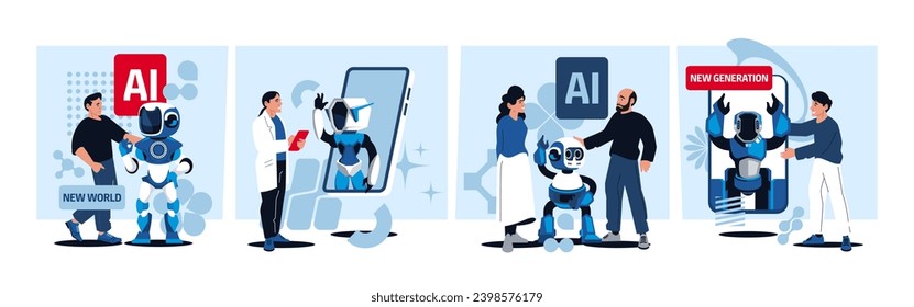 Cartoon ai concept. Artificial intelligence chatbot web application, machine learning software, dialog system, bot for website or application. Vector isolated set. Scientist developing bot