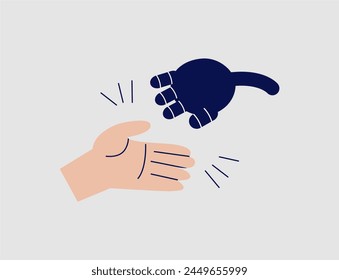 Cartoon AI robot hand high five with human hand illustration.