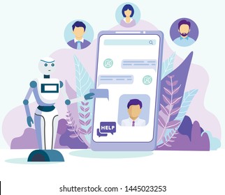 Cartoon AI Robot Help Customer Chatbot on Mobile Phone Screen Vector Illustration. Bot Assistant Chat, Android Assistance. Virtual Consultant. Tech Support Service. Future Technology