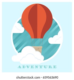 Cartoon air balloon floating in the clouds postcard. Vector illustration