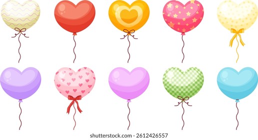 Cartoon air balloon heart shaped on string, vector icon set. Different pattern inflatable helium baloon with bow ribbon. Decoration elements for party, birthday, wedding, valentine's day holiday