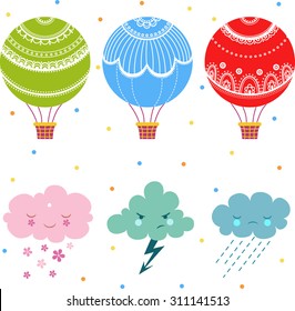 Cartoon air balloon icon. Set of hot air balloon and clouds, collection of different hot air balloons.