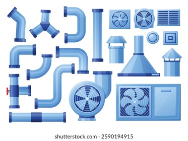 Cartoon air duct elements. Air circulation elements, pipes and ventilators. Metal or plastic conditioners details, industrial technologies, nowaday vector set