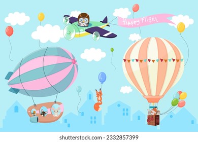 Cartoon air transport, hot air balloon, airship, plane. Various animals, penguin pilot, rabbit, fox, bird, hedgehog. Happy flight sign. Concept of travel, journey, travel, trip. Vector illustration