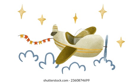 Cartoon air transport. Pane, airplane, airship,  aircraft. Cildren toy planes set. Boy illustration. Decor for nursery, clothes, textile, stickers