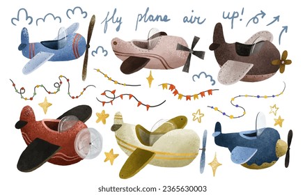 Transporte aéreo de caricaturas. Panel, avión, avión, avión. Planes de juguete para niños. Ilustración de chico. Decoración para vivero, ropa, textiles, pegatinas