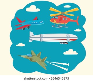 Cartoon air transport set with airplane, helicopter, fighter jet, and dirigible. Colorful flat design for kids, isolated on blue sky background with clouds.