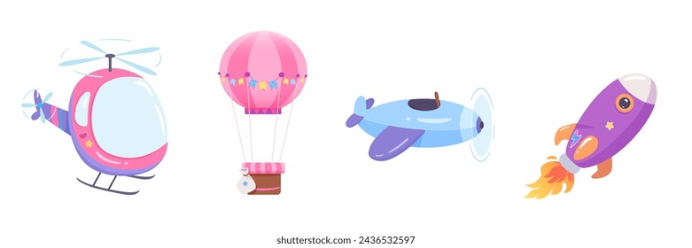 Cartoon air transport vector illustration set. Cute child colorful simple vehicles isolated on white background. Fly baby toys. Funny adventure, flight, trip, vacation, holidays.