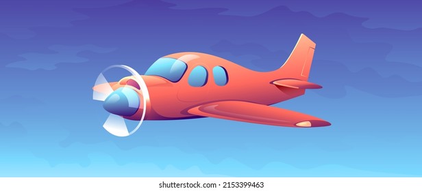 Cartoon aircraft flies through the clear blue sky. Modern flying plane illustration isolated. Concept of passenger, cargo transportation.