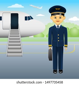Cartoon aircraft pilot before the view on taking off. Young cute pilot. Vector Illustration