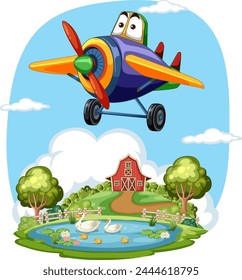 Cartoon airplane above a scenic farm landscape.