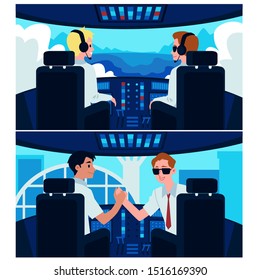 Cartoon Airplane Cockpit Interior With Plane Captain And Second Pilot Sitting In Front Of Control Panel And Window View. Aircraft Lift Off And Flying In The Sky - Flat Vector Illustration Set.