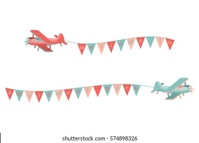 Cartoon airplane with flags on the rope. Vector illustration.