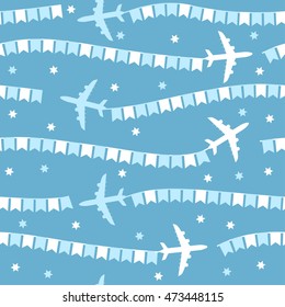 Cartoon airplane with flags seamless pattern, background, vector texture can be used for wallpaper, pattern fills, web page, background, surface.