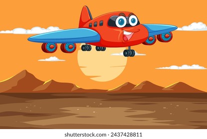 Cartoon-Flugzeug fliegt bei Sonnenuntergang über der Wüste