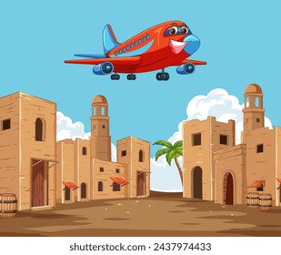 Cartoon airplane flying above old desert buildings