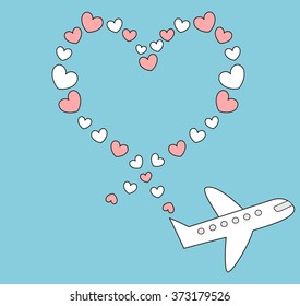 cartoon airplane flying in the blue sky and make heart shape romantic cute vector illustration