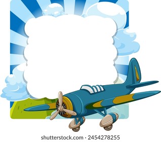 Cartoon airplane flying with a cloud frame background.
