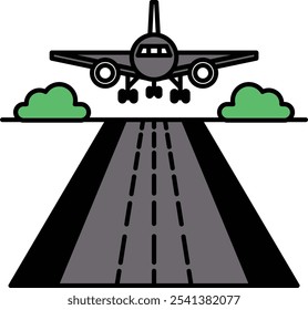 A cartoon airplane is flying over a road with trees in the background. Concept of freedom and adventure, as the airplane soars through the sky above the road