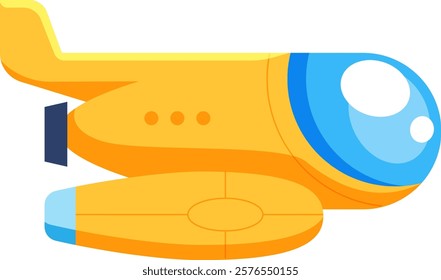 Cartoon airplane flying in the sky, featuring a vibrant yellow body, blue cockpit window, and streamlined design, evoking a sense of adventure and travel