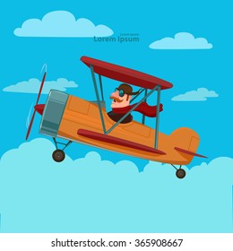 cartoon airplane with funny pilot, for your design, color vector illustration