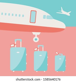 cartoon airplane landing in airport flat design vector illustration Departing print. plane colorful suitcases & baggage or luggage. holiday & vacation Tourism summer isolated background. time travel