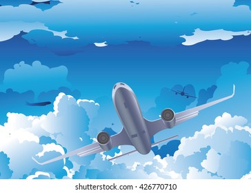 Cartoon airplane on a blue sky with clouds, travel background.