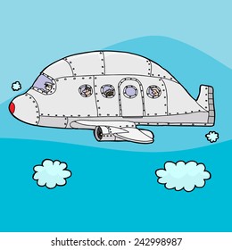 Cartoon airplane with passengers inside above the clouds