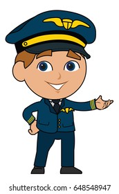 Cartoon Airplane Pilot character cute boy male using suit, pilot hat and uniform tie  showing and pointing 