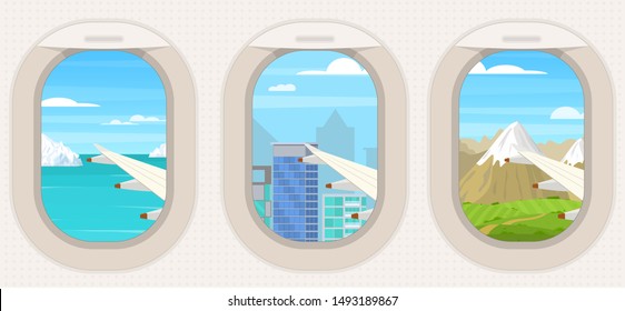 Cartoon Airplane Porthole with Different View Set Include of Mountain, City and Sea Concept Flat Design . Vector illustration