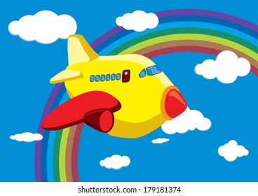 Cartoon Airplane in the Rainbow Sky - Vector Illustration