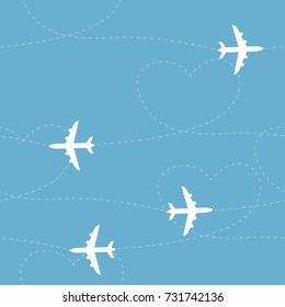 Cartoon airplane routes. Airplane path seamless pattern, background, vector seamless texture