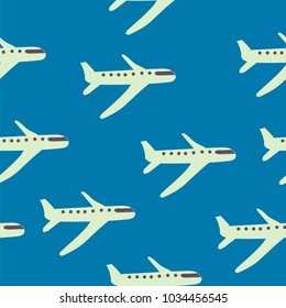 Cartoon airplane seamless pattern. Blue background. Vector illustration.