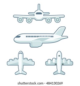 Cartoon airplane set in flat design style. Front view and side view, from above and below. Vector illustration isolated on white background.